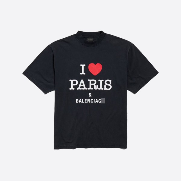 발렌시아가 I Love Paris & 발렌시아가 티셔츠 미디엄 핏 블랙 페이드